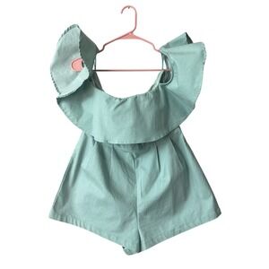 Denim by Flying Tomato Romper Off Shoulder Ruffle Green Sz Large‎ Anthropologie
